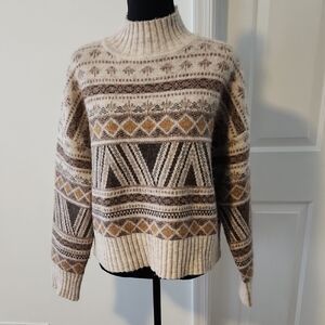 Marled Geometric Knit Sweater - Cream and Brown Size M
